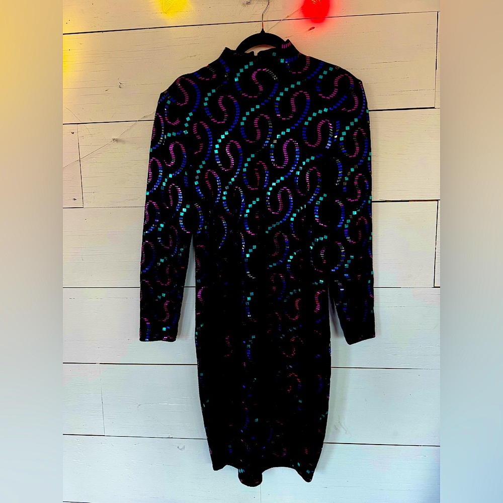 VTG St John Black Knit Pink Purple Sequin Dress 8